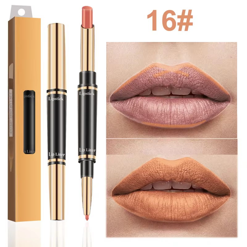 Lápiz labial y delineador de labios impermeables de doble cabezal mate de 12 colores, delineador de labios 2 en 1