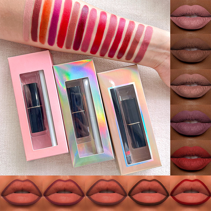 Juego de embalaje de lápiz labial vegano sin logotipo, lápiz labial de terciopelo mate, kit de delineador de labios de larga duración