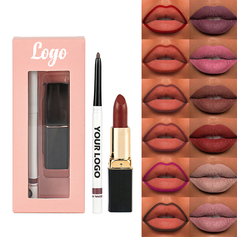 Juego de embalaje de lápiz labial vegano sin logotipo, lápiz labial de terciopelo mate, kit de delineador de labios de larga duración