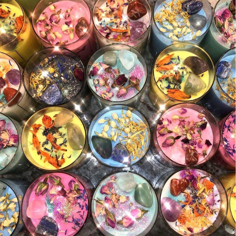 100 g de decoración del hogar, cera de soja hecha a mano, aromaterapia, vela ecológica con aroma a flores secas de piedra de alto cristal para fiestas, cumpleaños, regalo