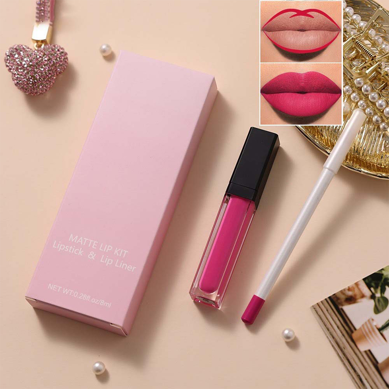 Lápiz labial líquido mate impermeable Juego de brillo labial Lápiz delineador de labios Juegos de kits de brillo labial 2 en 1